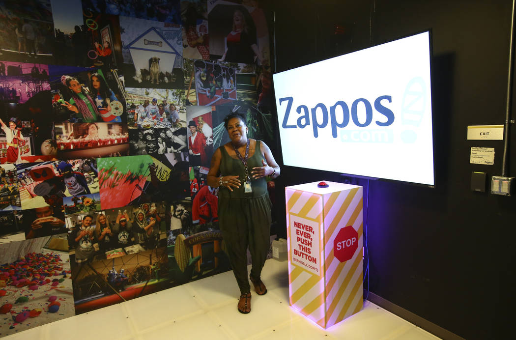 Zappos culture guide Letha Myles talks about one of the new areas shown on tours at Zappos headquarters in downtown Las Vegas on Thursday, June 1, 2017. Chase Stevens Las Vegas Review-Journal @css ...