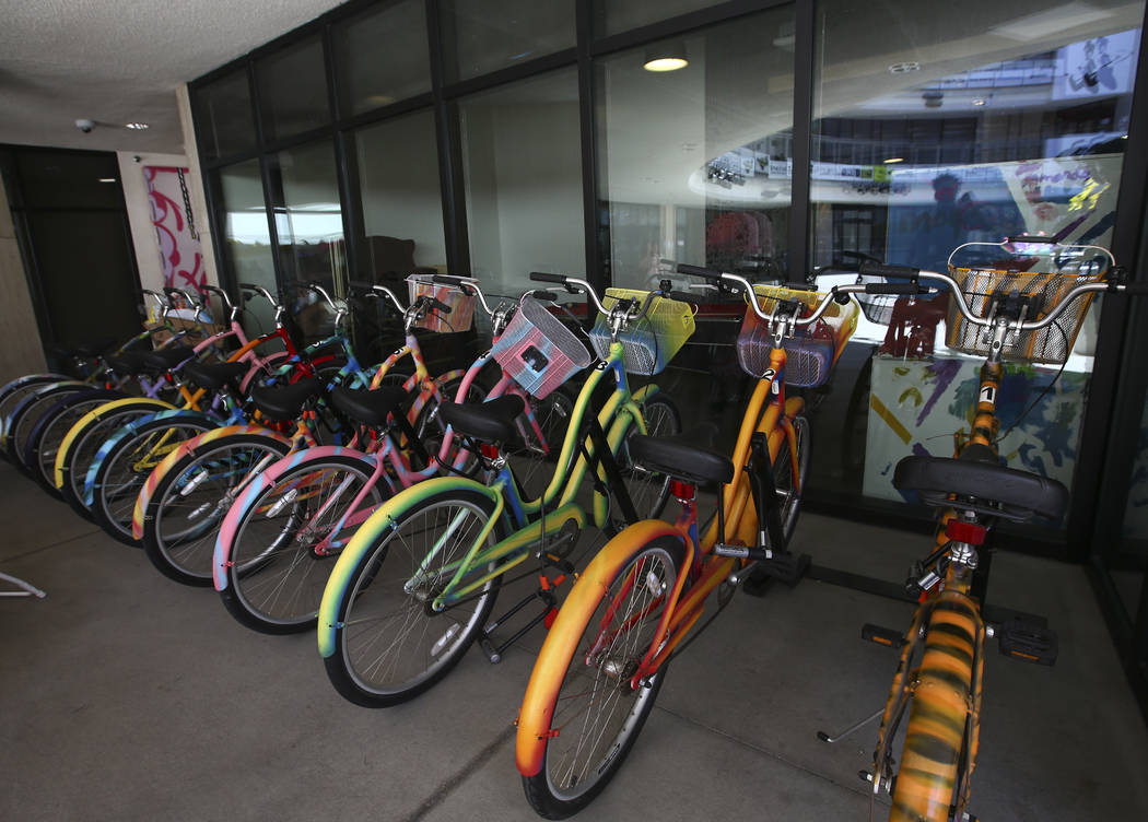 Decorated bikes available for employees at Zappos headquarters in downtown Las Vegas on Thursday, June 1, 2017. Chase Stevens Las Vegas Review-Journal @csstevensphoto