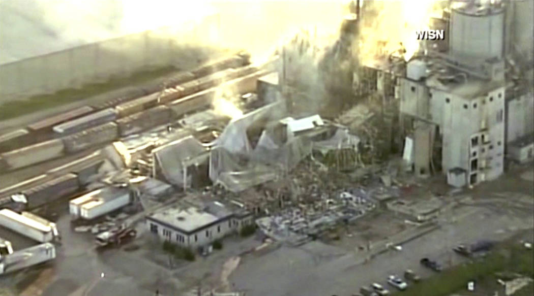 In this image taken from a video by WISN-TV, the rubble of a corn mill plant following an explosion is seen, Thursday, June 1, 2017, in Cambria, Wis. The sheriff in Columbia County said that the b ...