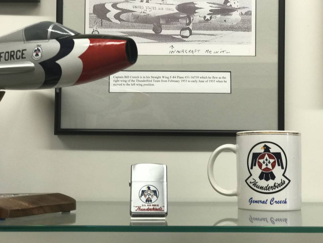 Gen. Wilbur &quot;Bill&quot; Creech's Thunderbirds lighter and coffee mug are among the items displayed, June 1, 2017, at the base in Indian Springs, Nevada that was named for the general  ...