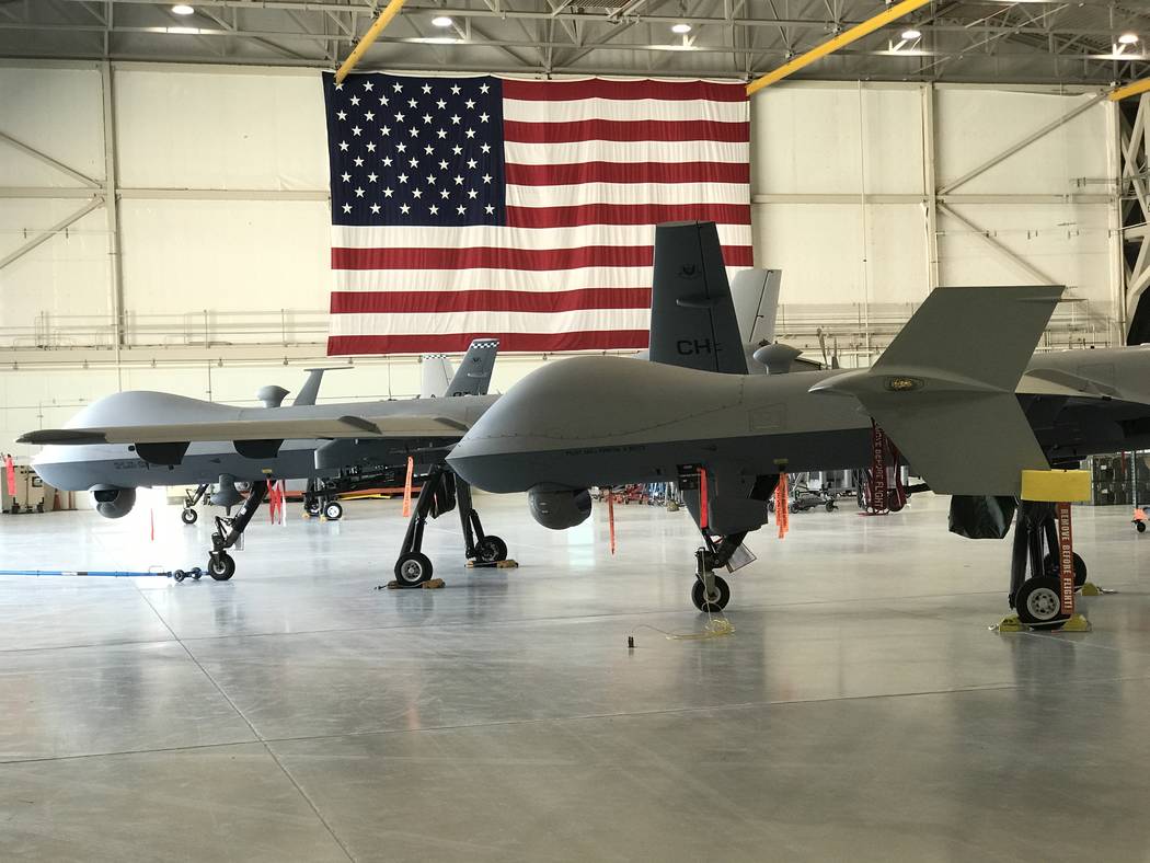 Remotely piloted MQ-9 Reapers inside a hangar at Creech Air Force Base at Indian Springs, Nevada, Thursday, June 1, 2017. Keith Rogers/Las Vegas Review-Journal