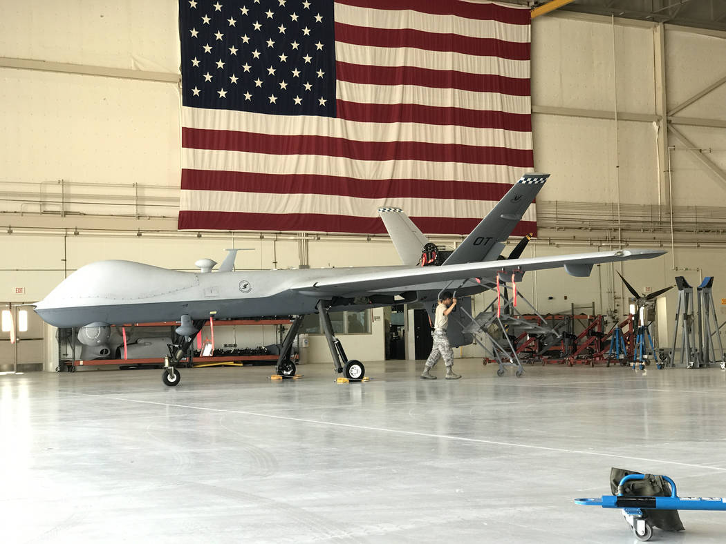 An MQ-9 Reaper drone inside a hangar at Creech Air Force Base at Indian Springs, Nevada, Thursday, June 1, 2017. Keith Rogers/Las Vegas Review-Journal