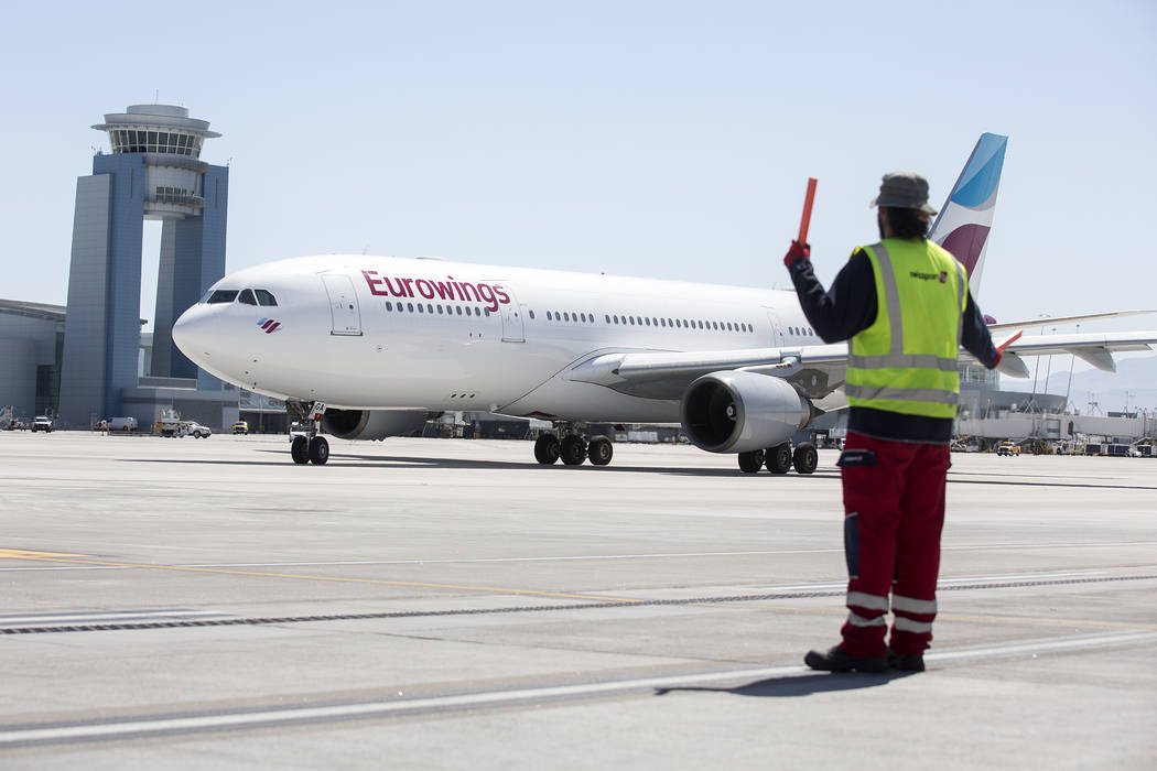 The first Eurowings flight that few direct from Cologne, Germany taxis at McCarran International Airport on Friday, June 2, 2017 in Las Vegas.  Bridget Bennett Las Vegas Review-Journal @bridgetkbe ...