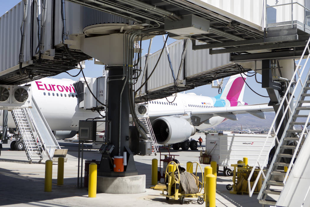 The first Eurowings flight that few direct from Cologne, Germany pulls up to a gate at McCarran International Airport on Friday, June 2, 2017 in Las Vegas. Bridget Bennett Las Vegas Review-Journal ...