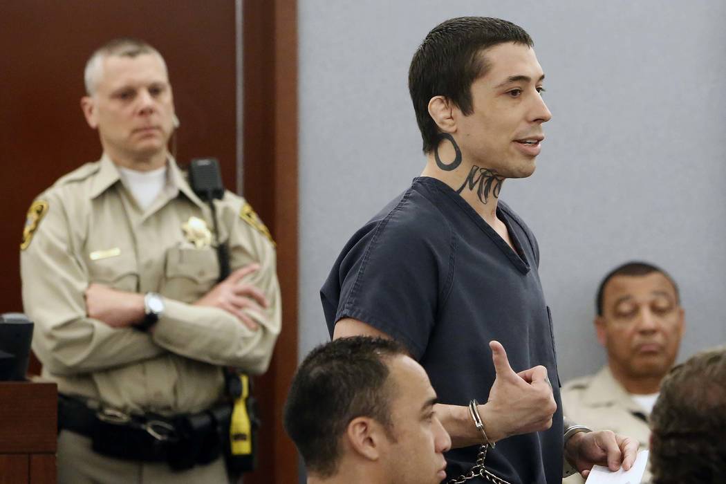 War Machine, also known as Jonathan Koppenhaver, addreses the court before being sentenced to 36 years to life in prison at the Regional Justice Center on Monday, June 5, 2017, in Las Vegas. (Bizu ...