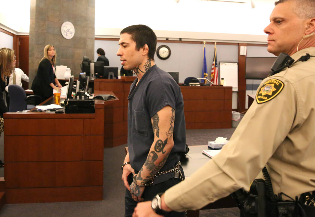 Jonathan Koppenhaver, aka War Machine, led out of the courtroom at the Regional Justice Center after being sentenced to 36 years to life in prison on Thursday, June 5, 2017, in Las Vegas. Bizuaye ...