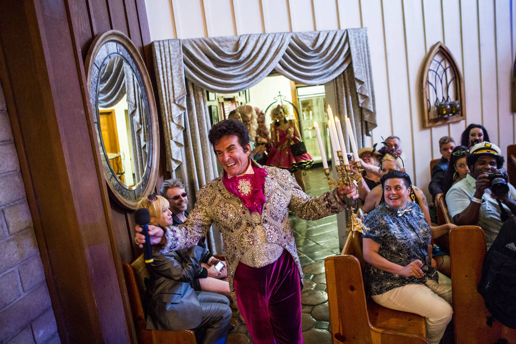 Liberace makes his first appearance at the wedding of Andrea Cambridge and Chuck Varga at the Viva Las Vegas Wedding Chapel on Saturday, June 3, 2017.  Patrick Connolly Las Vegas Review-Journal @P ...