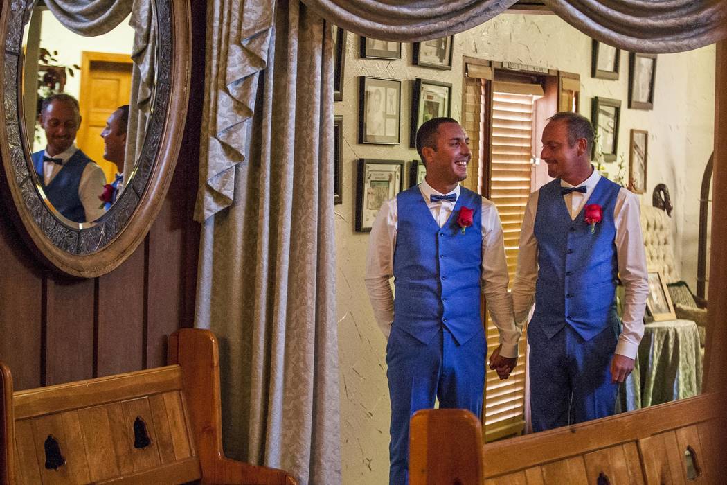 Lee McCulloch, left, and Stuart Dootson of Folkstone, England, prepare to be wed at the Viva Las Vegas Wedding Chapel on Saturday, June 3, 2017. Patrick Connolly Las Vegas Review-Journal @PConnPie