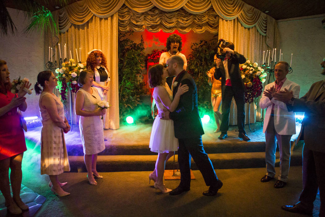 Alex Spivak and Dominique Lehn kiss during their Rocky Horror Picture Show wedding at the Viva Las Vegas Wedding Chapel on Saturday, June 3, 2017.  Patrick Connolly Las Vegas Review-Journal @PConnPie