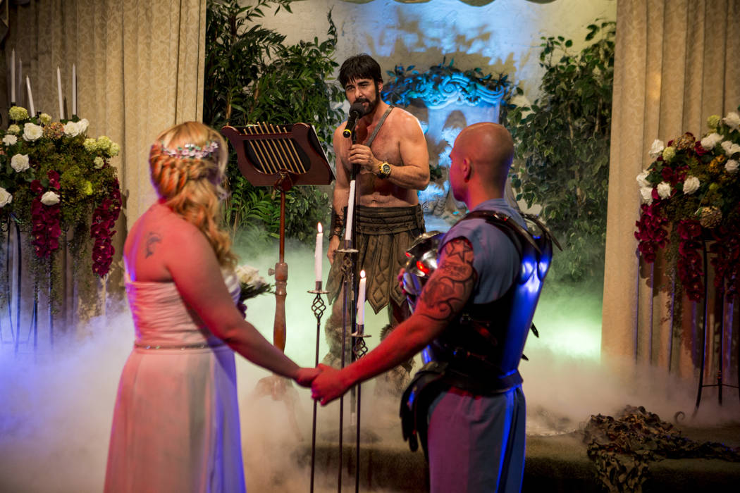 The gladiator-themed wedding of Amanda Gancedo and Marcos Gonzalez of Oviedo, Spain, at the Viva Las Vegas Wedding Chapel on Saturday, June 3, 2017. Patrick Connolly Las Vegas Review-Journal @PCo ...
