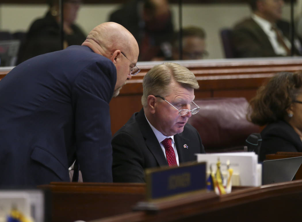 Assemblymen Ira Hansen, R-Sparks, and Jim Marchant, R-Las Vegas, during the last day of the Nevada Legislature at the Legislative Building in Carson City on Monday, June 5, 2017. Chase Stevens Las ...