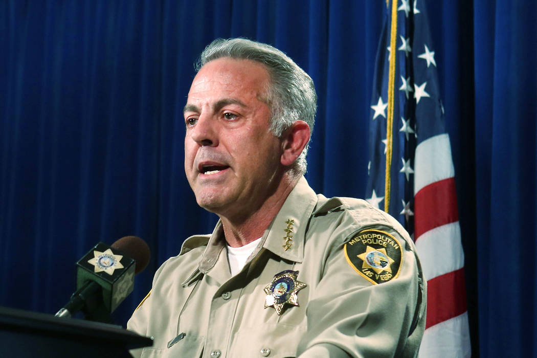 Clark County Sheriff Joe Lombardo announces at the Las Vegas Police headquarters that officer Kenneth Lopera will be prosecuted for the in-custody death of Tashii Brown, Monday, June 5, 2017.  Eli ...