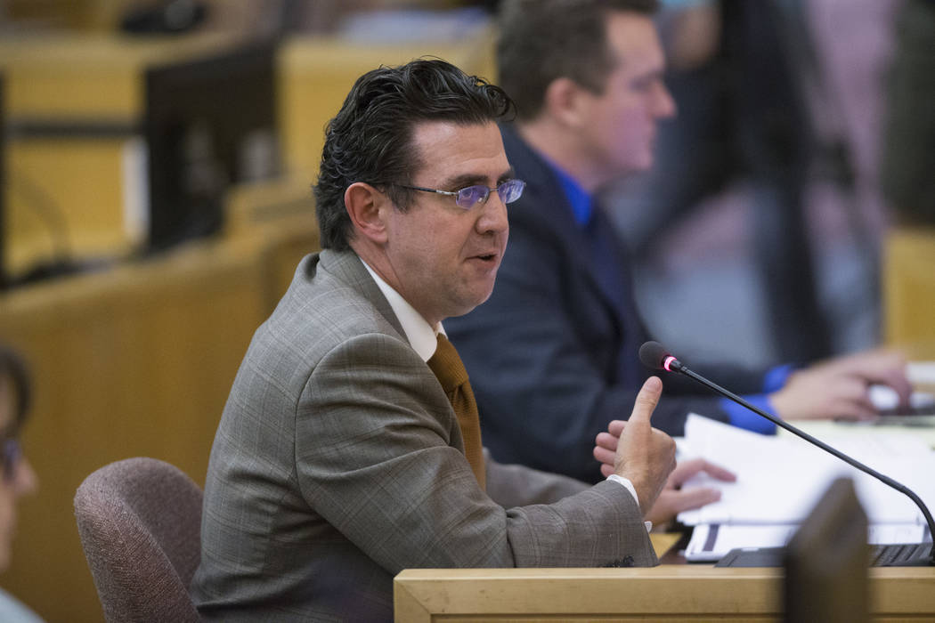 Jeremy Aguero, a principal analyst with Applied Analysis, during a Las Vegas Stadium Authority Board meeting at the Clark County Government Center on Thursday, June 8, 2017 in Las Vegas. Erik Verd ...