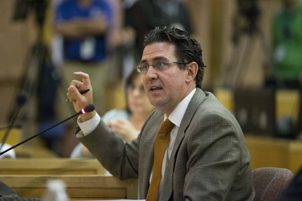 Jeremy Aguero, a principal analyst with Applied Analysis, during a Las Vegas Stadium Authority Board meeting at the Clark County Government Center on Thursday, June 8, 2017 in Las Vegas. Erik Verd ...