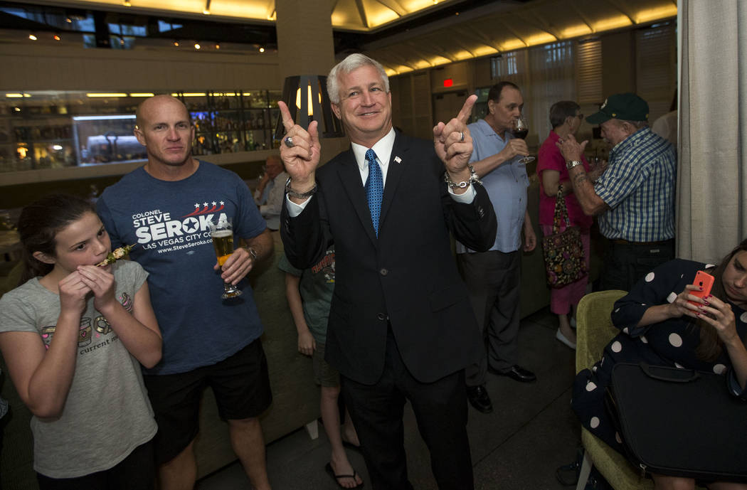 Las Vegas city council candidate Col. Steve Seroka acknowledges the crowd as he arrives to his election result party at Andiron Steak and Sea in Las Vegas on Tuesday, June 13, 2017. Richard Brian  ...