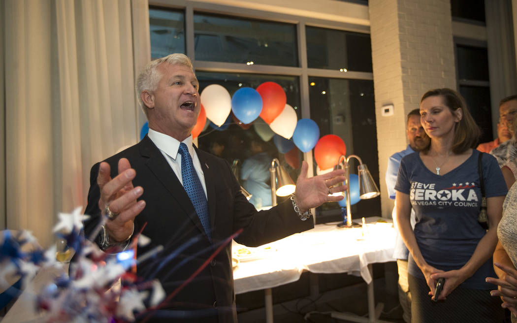 Las Vegas city council candidate Col. Steve Seroka speaks to guest during his election result party at Andiron Steak and Sea in Las Vegas on Tuesday, June 13, 2017. Richard Brian Las Vegas Review- ...
