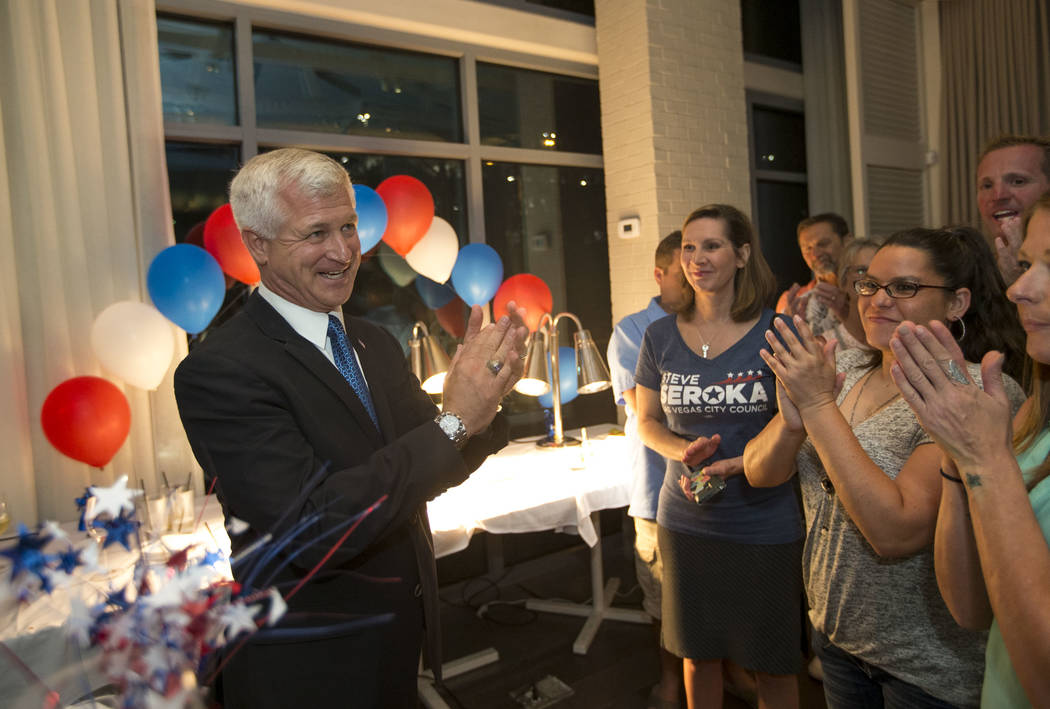 Las Vegas city council candidate Col. Steve Seroka is applauded by guest as he prepares to give a speech during his election result party at Andiron Steak and Sea in Las Vegas on Tuesday, June 13, ...
