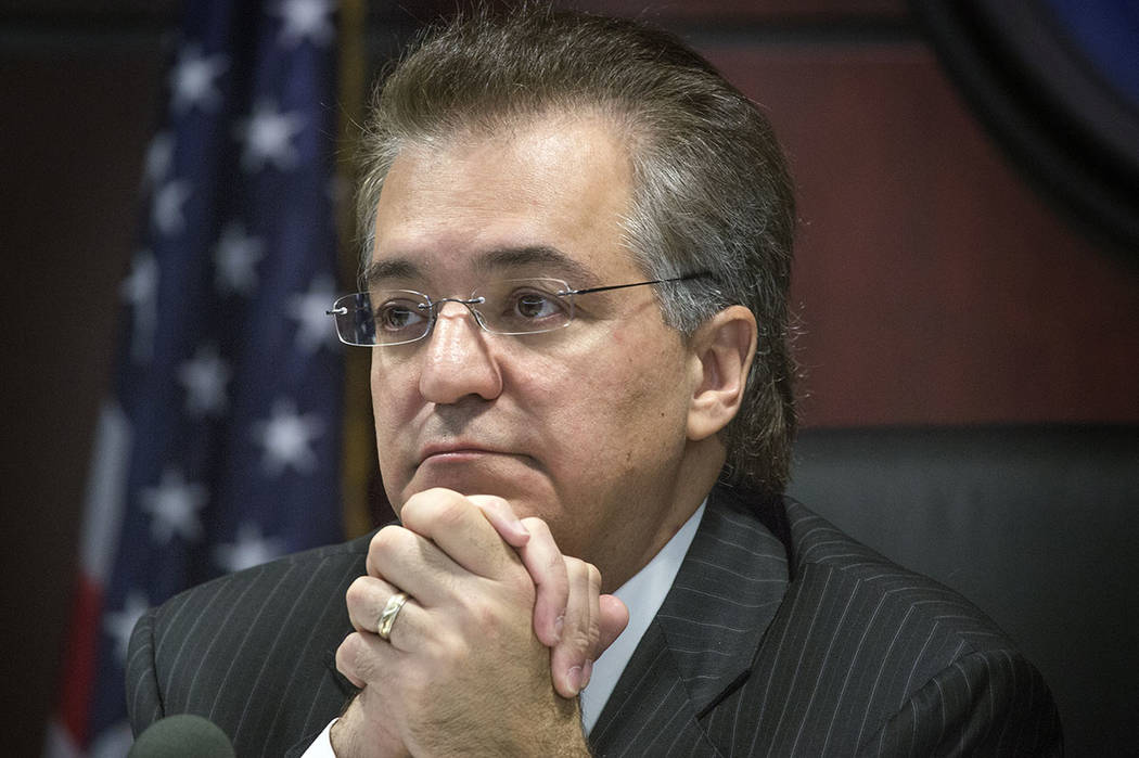 Nevada gaming Commission Chairman Tony Alamo listens during hearing to approve a gaming licenses for Caesars Entertainment CEO Mark Frissora on Thursday, March 17, 2016. (Las Vegas Review-Journal)