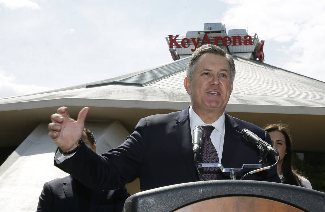 Tim Leiweke, CEO of the Oak View Group, speaks in front of KeyArena during a news conference, Wednesday, June 7, 2017, in Seattle. Seattle Mayor Ed Murray said Wednesday that the city will enter i ...