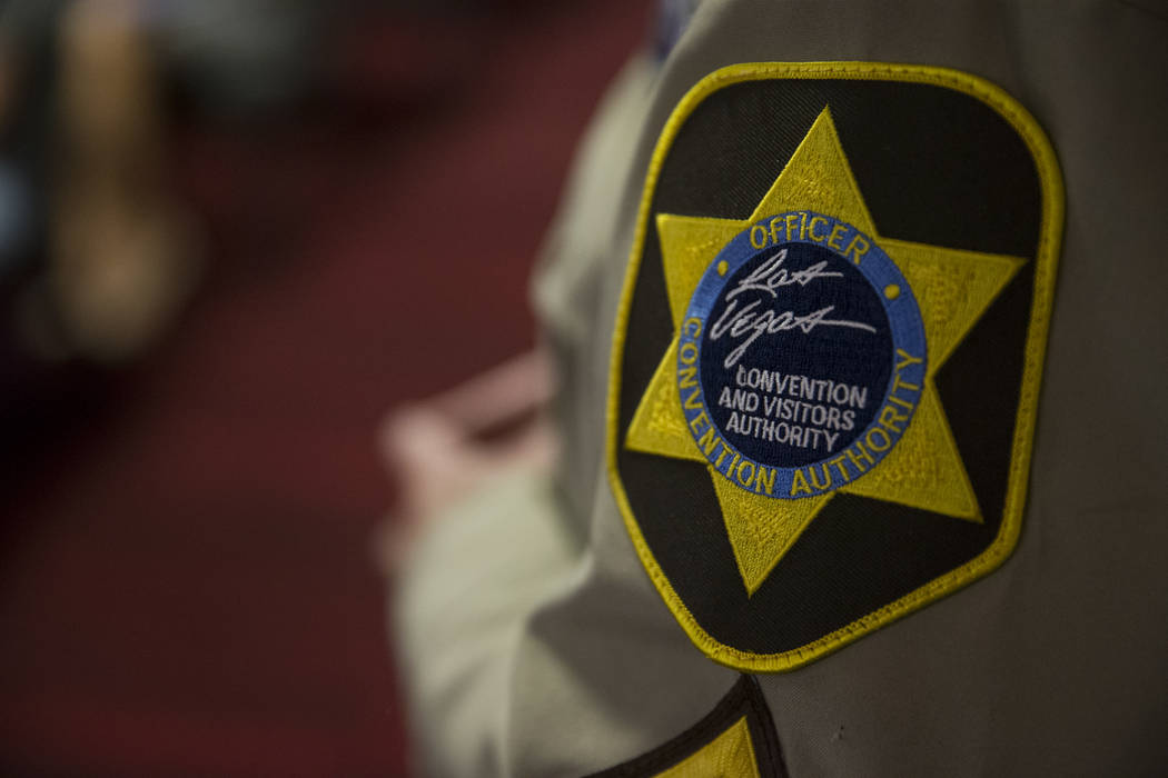 An official patch on the shoulder of security officer watching a Las Vegas Convention and Visitors Authority board meeting on Tuesday, June 13, 2017 in Las Vegas. Erik Verduzco/Las Vegas Review-Jo ...