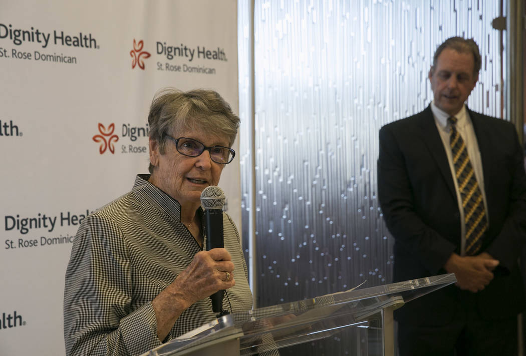Sister Katie McGrail leads a prayer before the open house of the  Dignity Health St. Rose Dominican Hospital in North Las Vegas, Thursday, June 15, 2017. (Gabriella Angotti-Jones/Las Vegas Review- ...