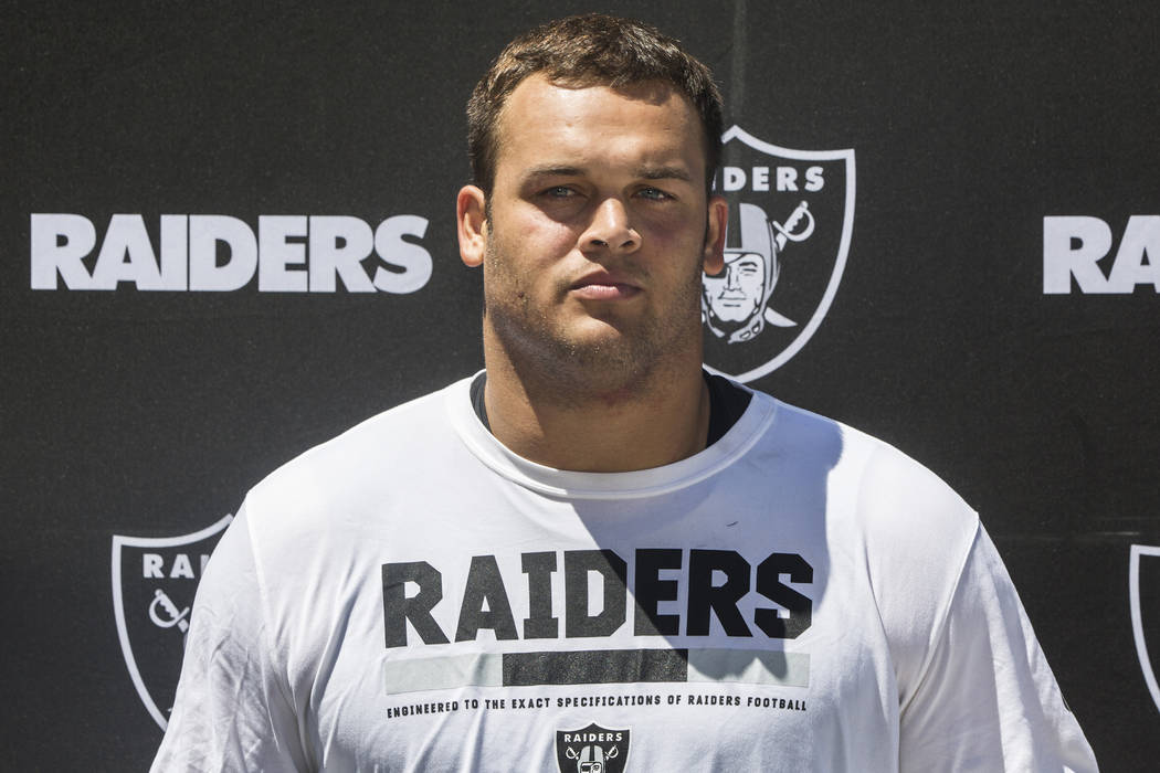 Raiders third-round draft pick Eddie Vanderdoes takes questions from the media during rookie minicamp on Friday, May 5, 2017, at Oakland Raiders Headquarters, in Alameda, Calif. Benjamin Hager Las ...