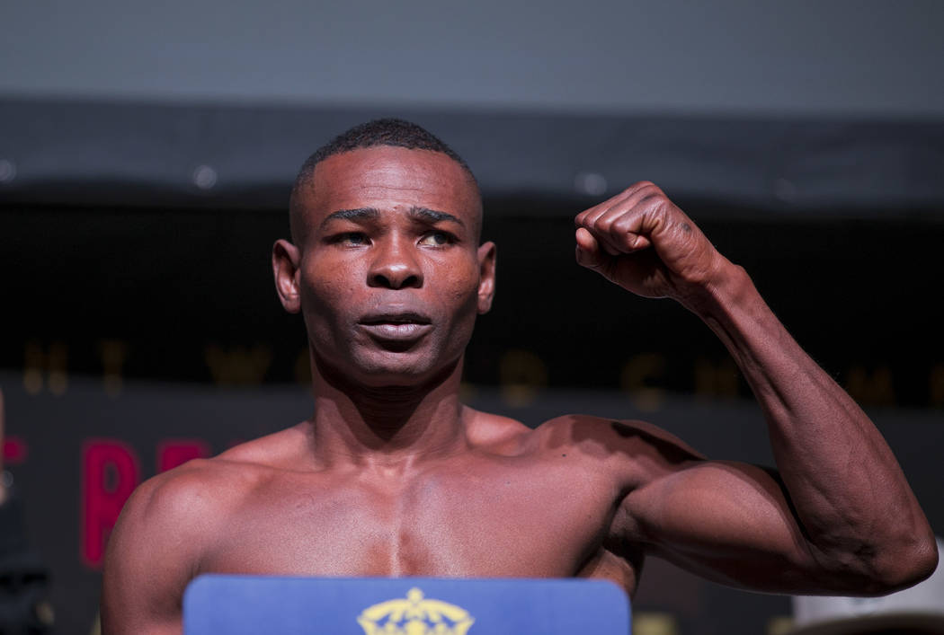 Guillermo Rigondeaux on the scale during a weigh-in event at the Mandalay Bay Events Center in Las Vegas on Friday, June 16, 2017. Rigondeaux is scheduled to fight Moises Flores in a super bantamw ...