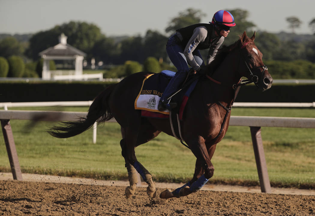 Belmont Stakes hopeful Irish War Cry gallops around the track during a workout at Belmont Park, Thursday, June 8, 2017, in Elmont, N.Y. Irish War Cry will be one of 12 horses competing in the 149t ...
