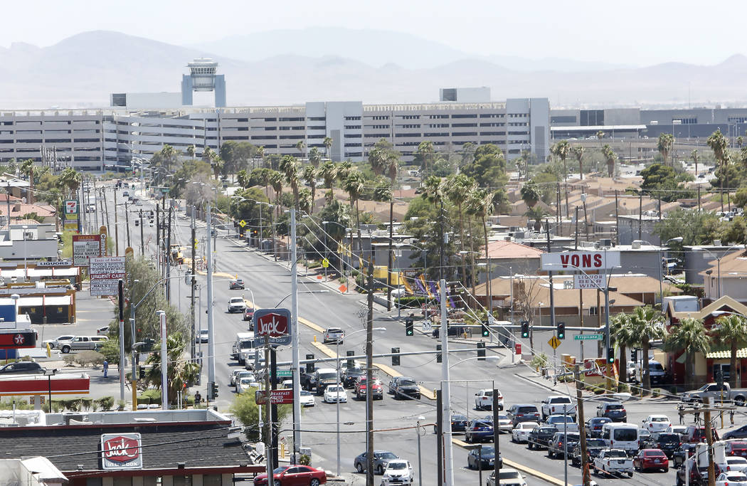 South Maryland Parkway as seen from the roof of a parking garage on Friday, June 9, 2017 where a light rail line will be built and operate connecting McCarran International Airport, the Strip and  ...