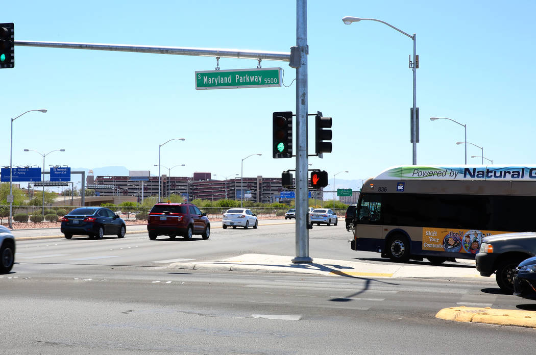 A RTC bus at the intersection of S. Maryland Parkway and Russel Road near McCarran Airport on Friday, June 9, 2017 where a light rail line will be built and operate connecting McCarran Internation ...