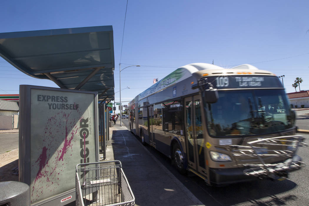 A Regional Transportation Commission bus departs after a stop at the intersection of Maryland Parkway near Sahara Avenue on Friday, June 9, 2017, where a light rail line will be built connecting M ...