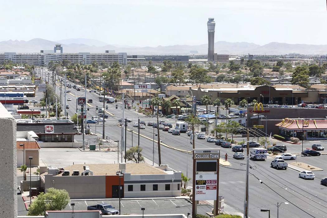 S. Maryland Parkway as seen from the roof of a parking garage on Friday, June 9, 2017 where a light rail line will be built and operate connecting McCarran International Airport, the Strip and dow ...