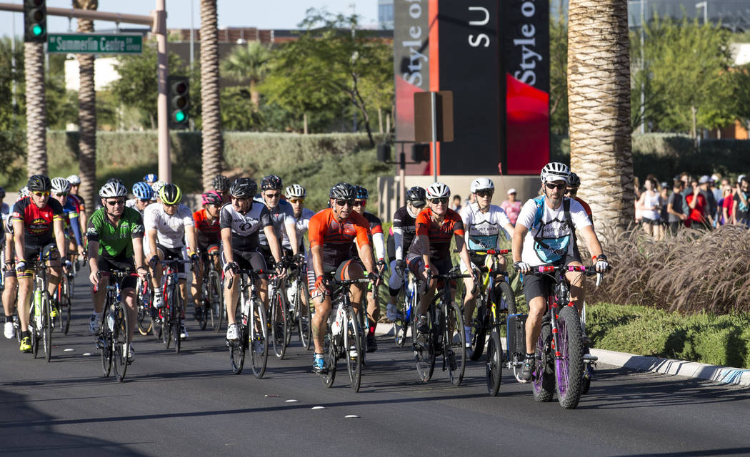 Pat Treichel, founder Ghost Bikes Las Vegas, leads a group ride in honor of Dr. Kayvan Khiabani along South Pavillion Center Drive near West Charleston Boulevard on Saturday, June 17, 2017, in Las ...