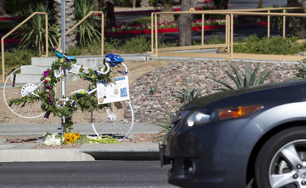 The ghost bike memorial of Dr. Kayvan Khiabani along South Pavillion Center Drive near West Charleston Boulevard on Saturday, June 17, 2017, in Las Vegas. Khiabani, 51, was killed while riding his ...