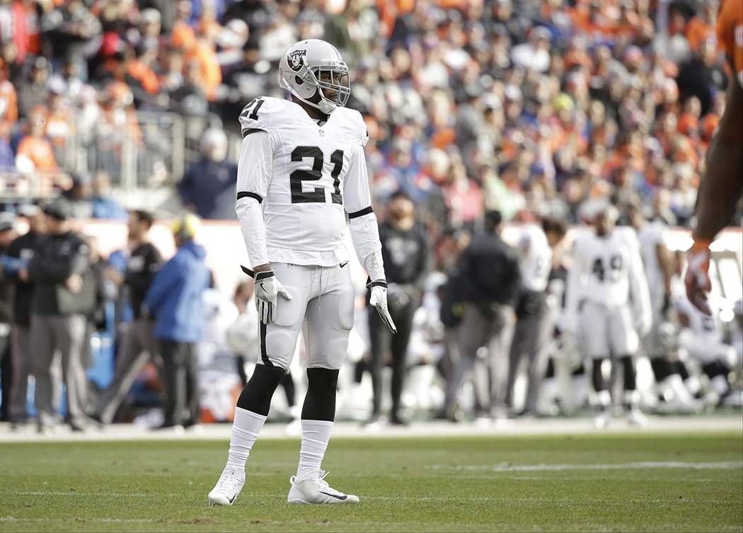 Oakland Raiders cornerback Sean Smith stands on the field during an NFL football game against the Denver Broncos, Sunday, Jan. 1, 2017, in Denver. (AP Photo/Jack Dempsey)