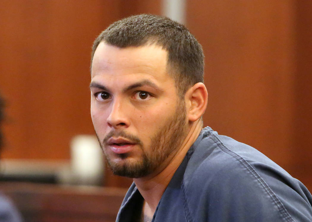James Beach, who is charged with murder for the fatal punch that killed Luis Campos, makes his first appearance in court on Wednesday, May 10, 2017, at the Regional Justice Center in Las Vegas. Bi ...