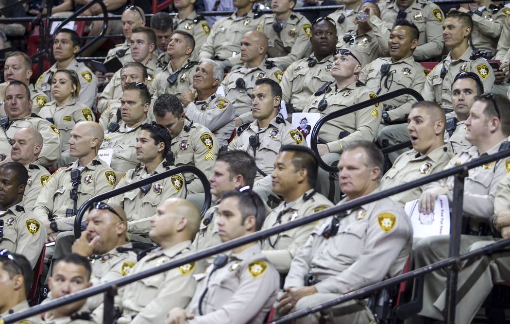 Metro Officers in support of Daxton Beck, the son of slained Metro Officer Alyn Beck, at his graduation ceremony at Thomas and Mack in Las Vegas on Saturday, June 10, 2017. Richard Brian Las Vegas ...