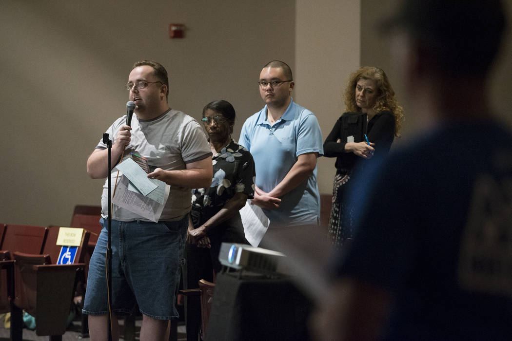 High school teacher Ryan Fromoltz, left, during a Clark County School Department roundtable forum at Chaparral High School on Thursday, June 15, 2017 in Las Vegas. Erik Verduzco/Las Vegas Review-J ...