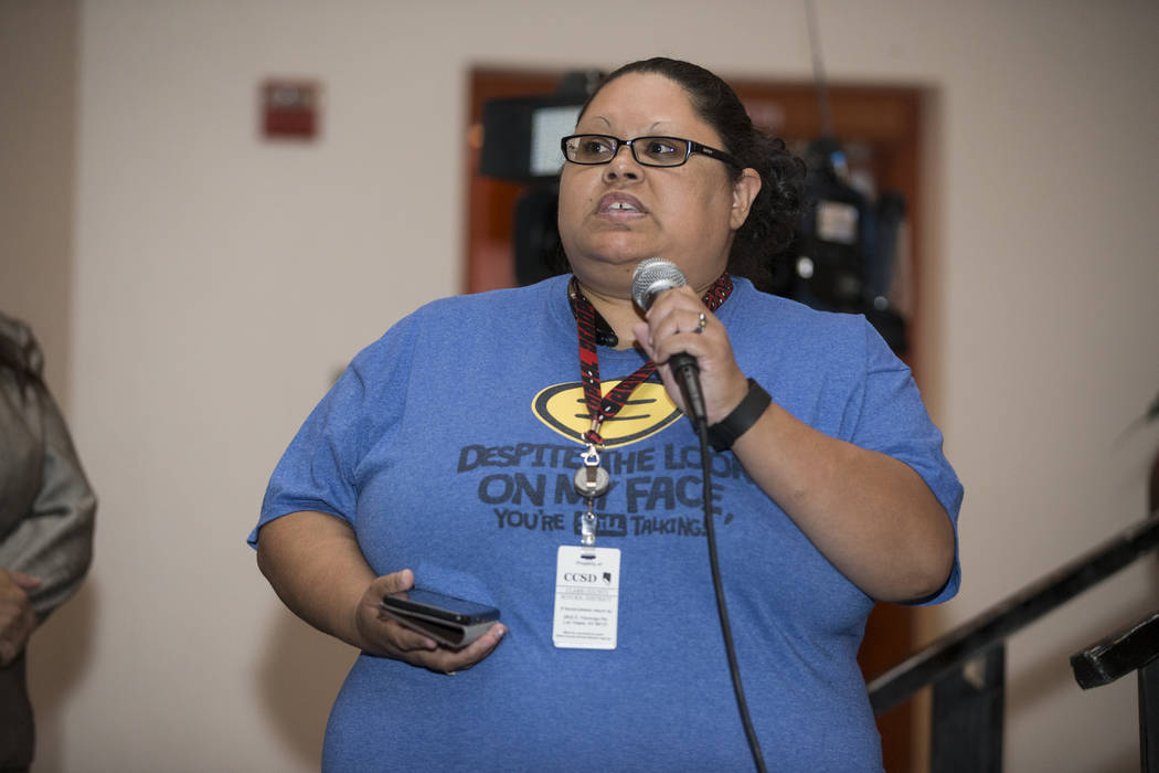Karlana Kulseth speaks during public comment in a Clark County School Department roundtable forum at Chaparral High School on Thursday, June 15, 2017 in Las Vegas. Erik Verduzco/Las Vegas Review-J ...
