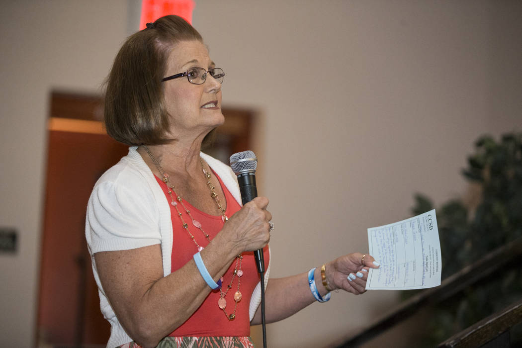 Rhoda Jensen speaks during public comment in a Clark County School Department roundtable forum at Chaparral High School on Thursday, June 15, 2017 in Las Vegas. Erik Verduzco/Las Vegas Review-Journal