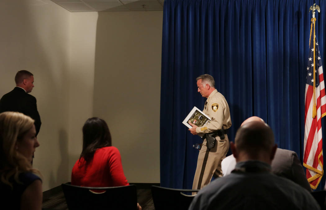 Clark County Sheriff Joe Lombardo leaves after announcing at the Las Vegas Police headquarters that officer Kenneth Lopera will be prosecuted for the in-custody death of Tashii Brown, Monday, June ...