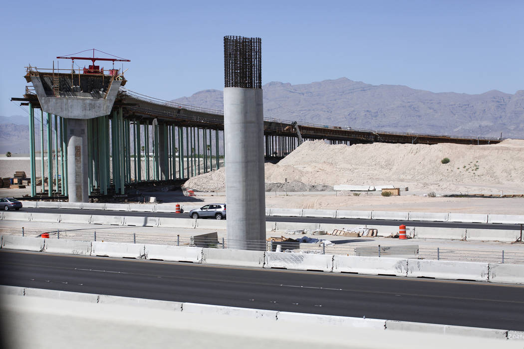 Employees with the Nevada Department of Transportation and Las Vegas Paving  Corp. celebrate the opening of the Centennial Bowl flyover bridge linking  westbound 215 Beltway and southbound U.S. High …