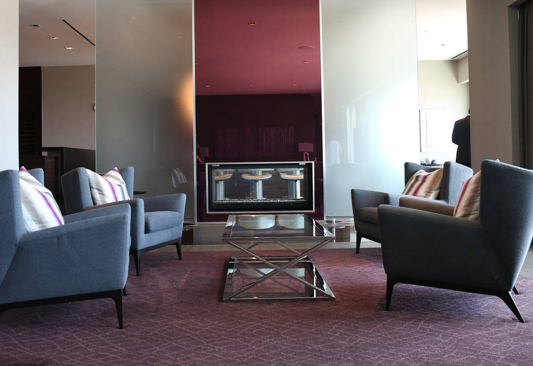 A living room with a see-through fire place inside a penthouse at Palms Place at 4381 W. Flamingo Rd., on Wednesday, June 14, 2017, in Las Vegas. Bizuayehu Tesfaye/Las Vegas Review-Journal @bizute ...