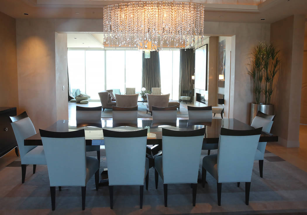 A dinning room and a living room inside a penthouse at Turnberry Place on 2777 Paradise Rd., on Wednesday, June 14, 2017, in Las Vegas. Bizuayehu Tesfaye/Las Vegas Review-Journal @bizutesfaye