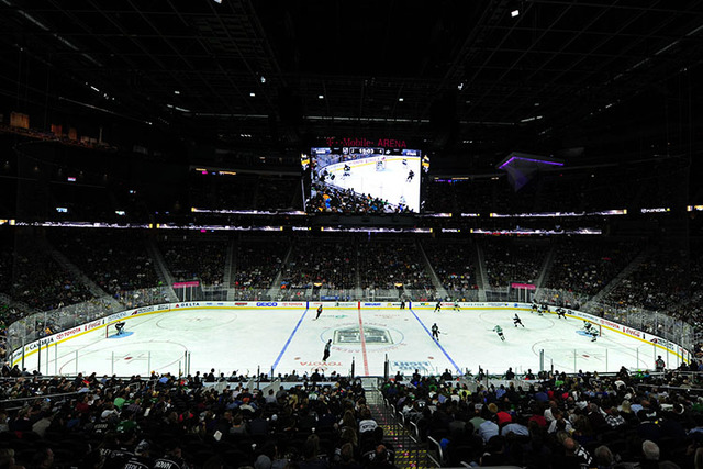 T-Mobile Arena is seen during a hockey game between the Dallas Stars and the Los Angeles Kings in the third period of their NHL preseason hockey game  at T-Mobile Arena  in Las Vegas Friday, Oct.  ...