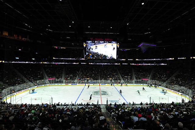 T-Mobile Arena is seen during a hockey game between the Dallas Stars and the Los Angeles Kings in the third period of their NHL preseason hockey game at T-Mobile Arena in Las Vegas Friday, Oct. ...