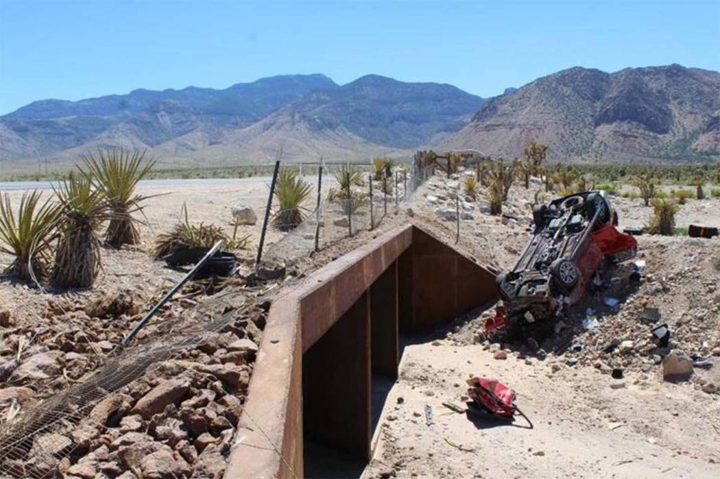 One woman was killed and three other people were injured in a one-vehicle crash on state Route 160 near Red Rock Canyon, west of Las Vegas, on Sunday, June 11, 2017. (Nevada Highway Patrol)