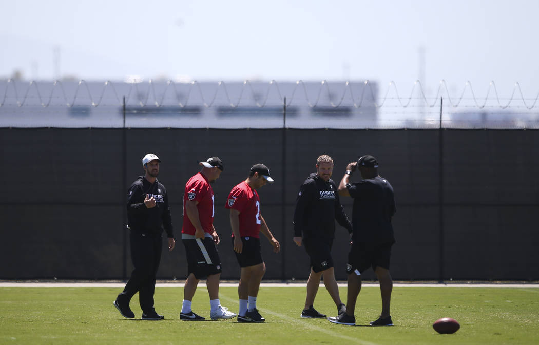 Oakland Raiders kicker Sebastian Janikowski, second from left, during day two of a mini-camp at the Raiders headquarters and training facility in Alameda, Calif. on Wednesday, June 14, 2017. Chase ...