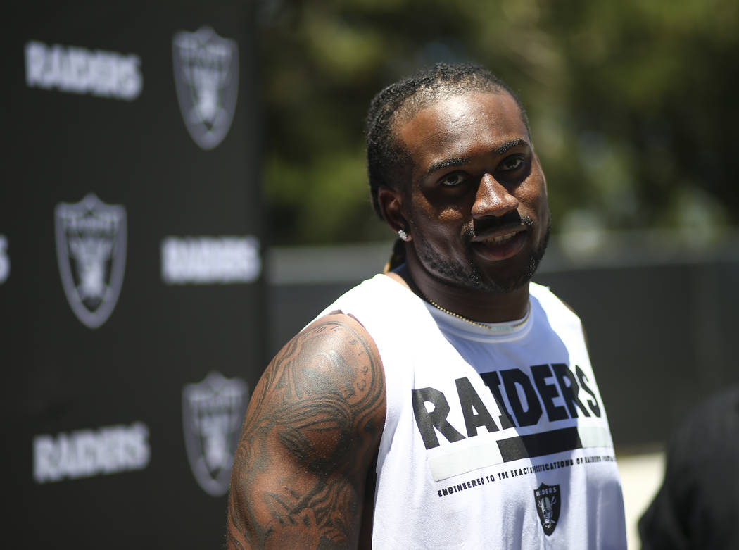 Oakland Raiders wide receiver Cordarrelle Patterson talks with reporters following day two of a mini-camp at the Raiders headquarters and training facility in Alameda, Calif. on Wednesday, June 14 ...