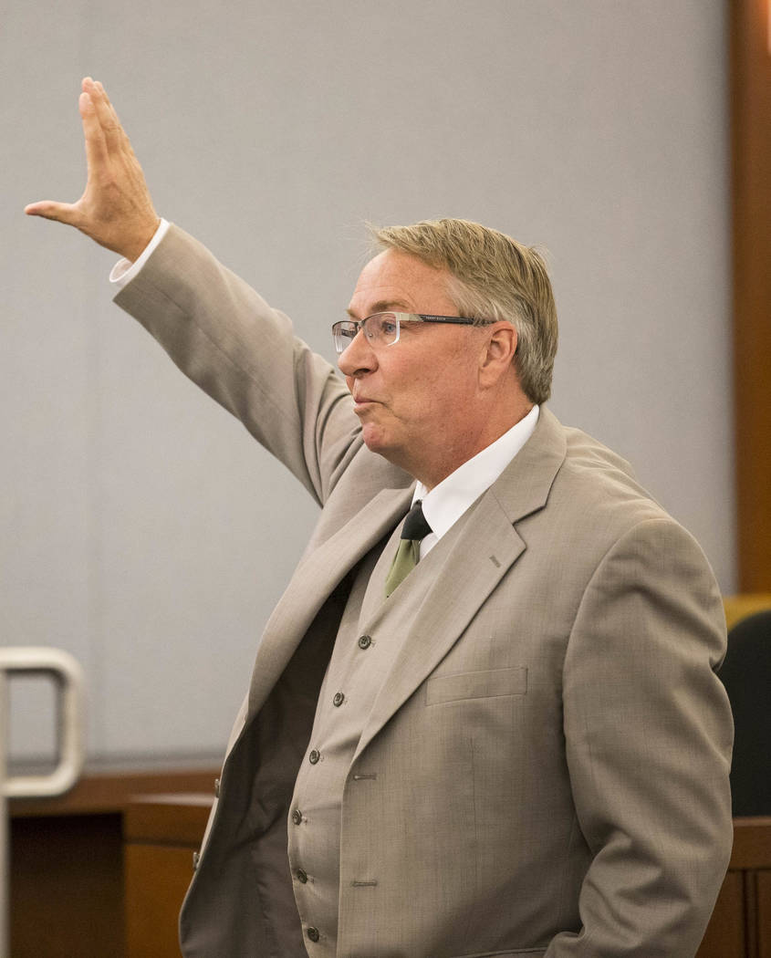 Defense attorney Randall Pike gives opening statements to the jury in the murder trial of Thomas Randolph at the Regional Justice Center in downtown Las Vegas on Friday, June 16, 2017. Richard Bri ...